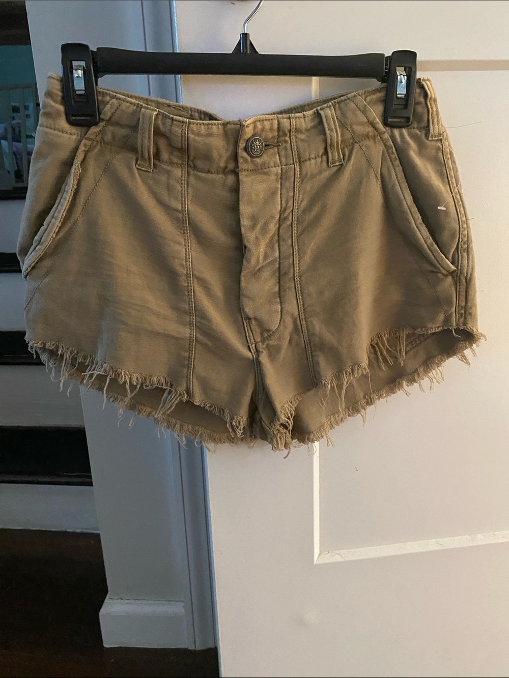 Free People Taupe Frayed-Hem Denim Shorts 100% Cotton